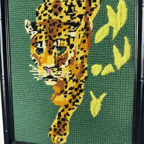 Vintage Leopard Needlepoint Black Bamboo Type Frame Green Hollywood Regency Art - Picture 3 of 16